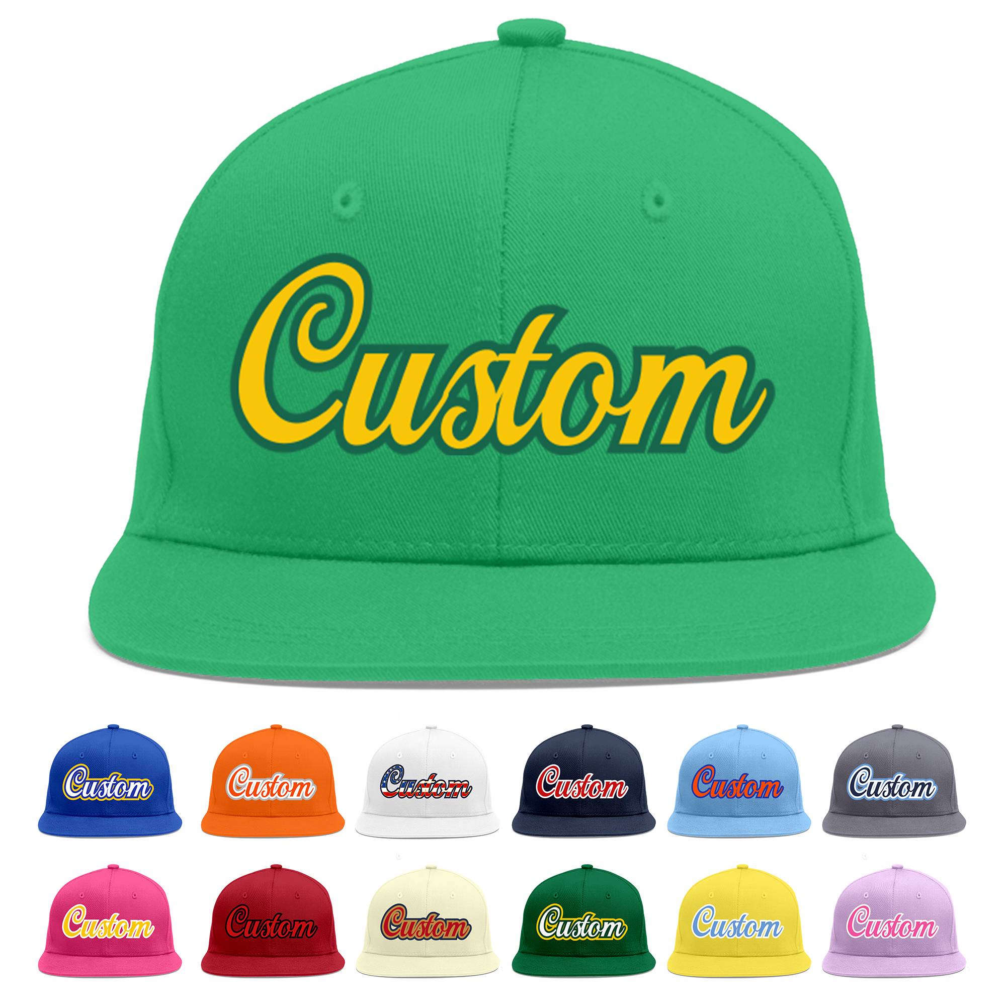 Custom Teal Gold-Kelly Green Flat Eaves Sport Baseball Cap