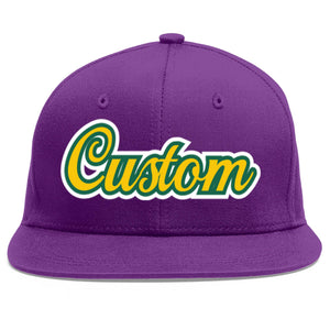 Casquette de baseball sport personnalisée violet or-Kelly vert plat avant-toit