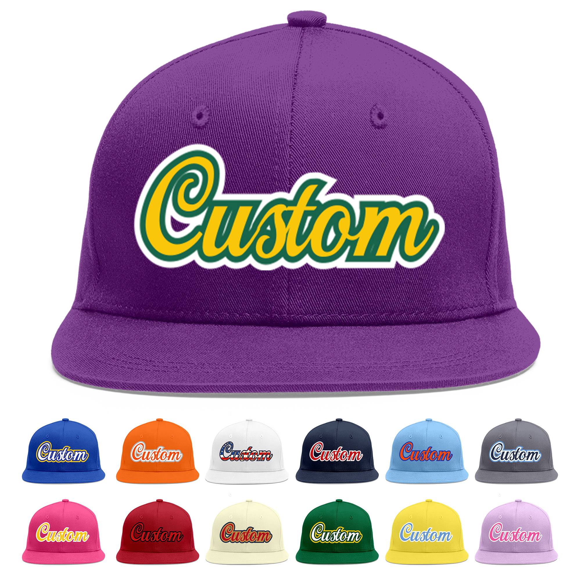 Custom Purple Gold-Kelly Green Flat Eaves Sport Baseball Cap