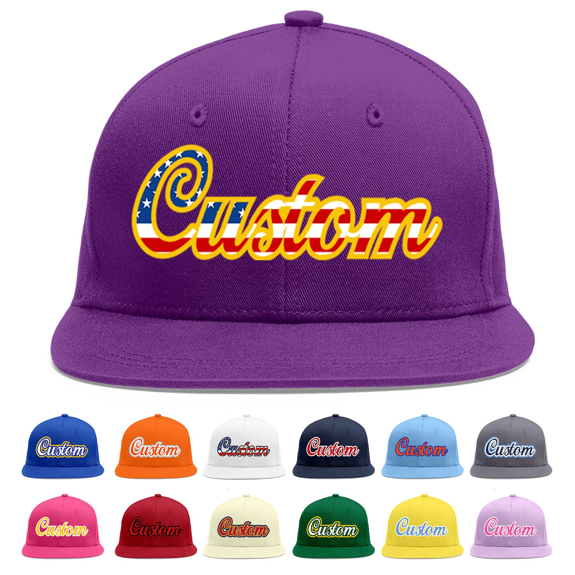 Casquette de baseball personnalisée avec drapeau américain vintage violet et or plat avant-toit