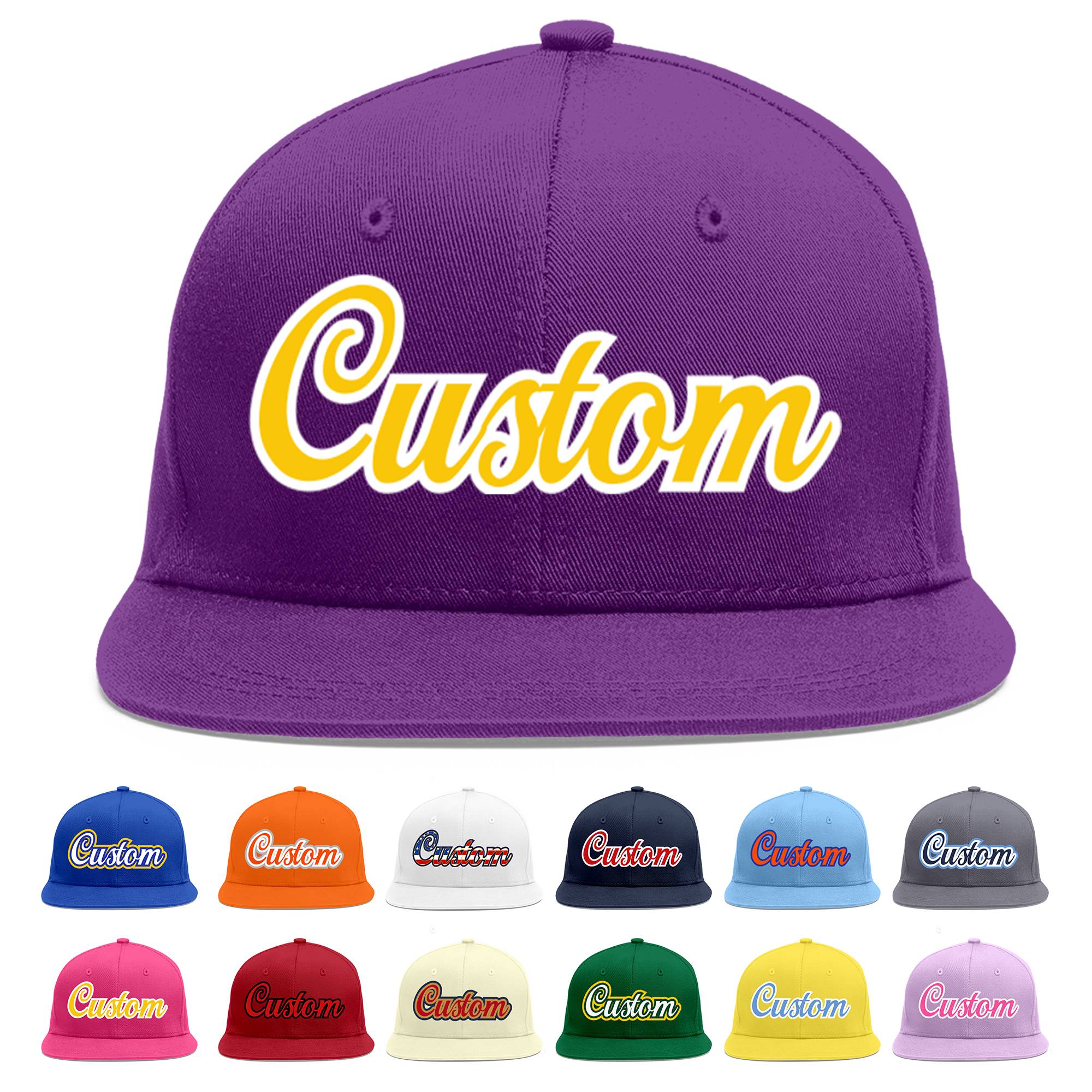 Casquette de baseball sport personnalisée violet or-blanc plat Eaves