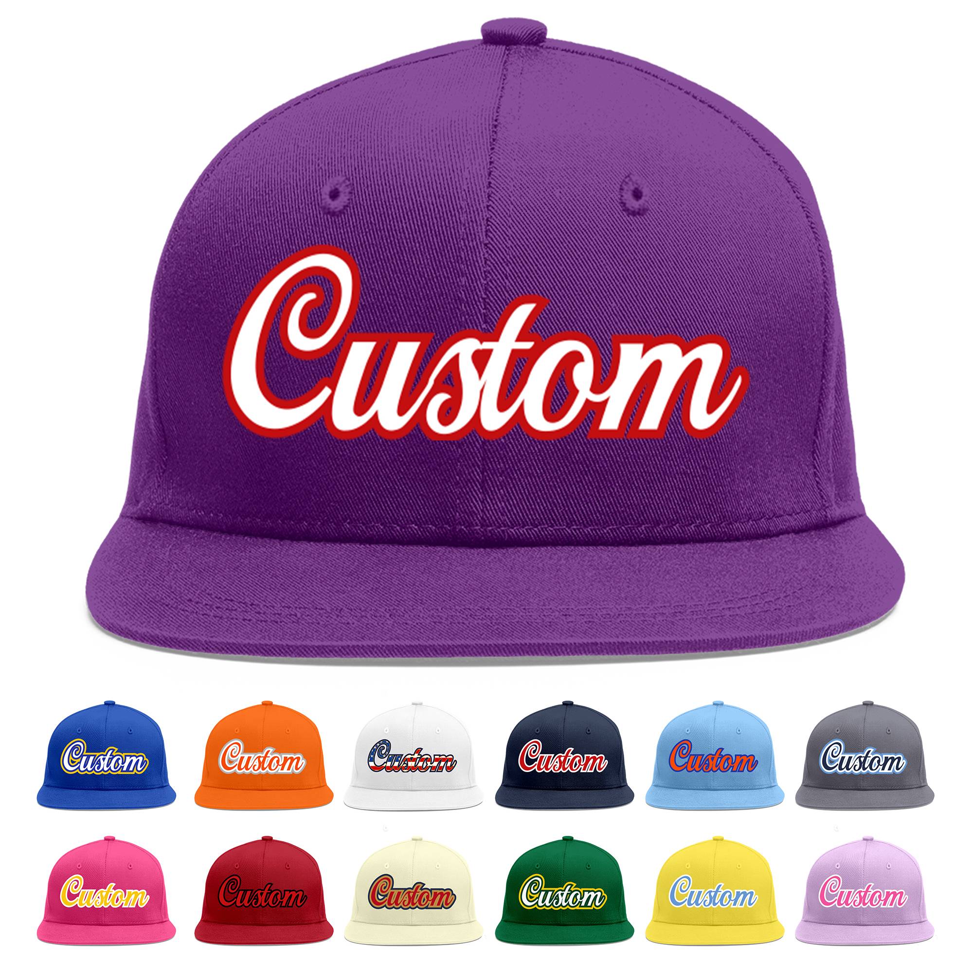 Casquette de baseball sport personnalisée violet blanc-rouge à avant-toit plat