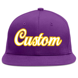 Custom Purple White-Gold Flat Eaves Sport Baseball Cap