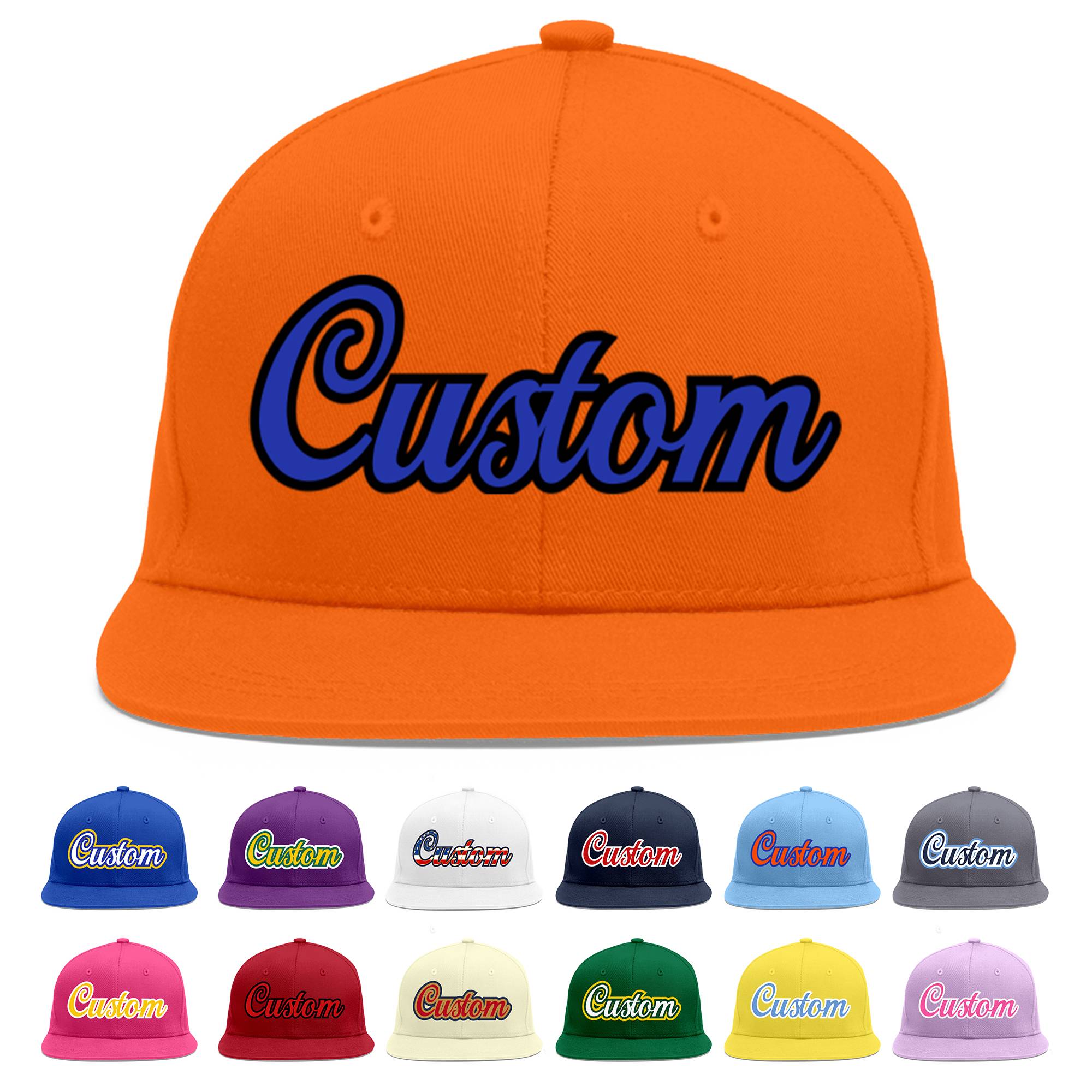 Custom Orange Royal-Black Flat Eaves Sport Baseball Cap