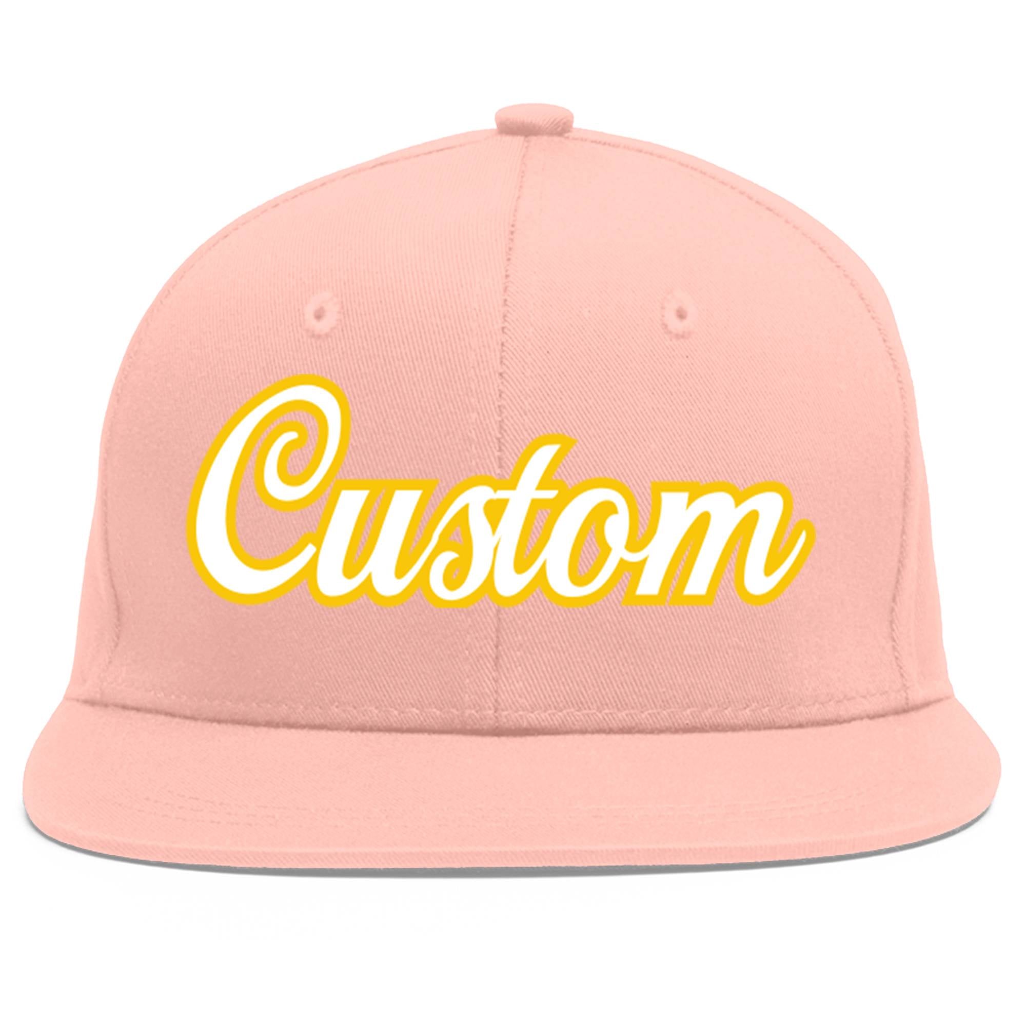 Custom Pink White-Gold Flat Eaves Sport Baseball Cap