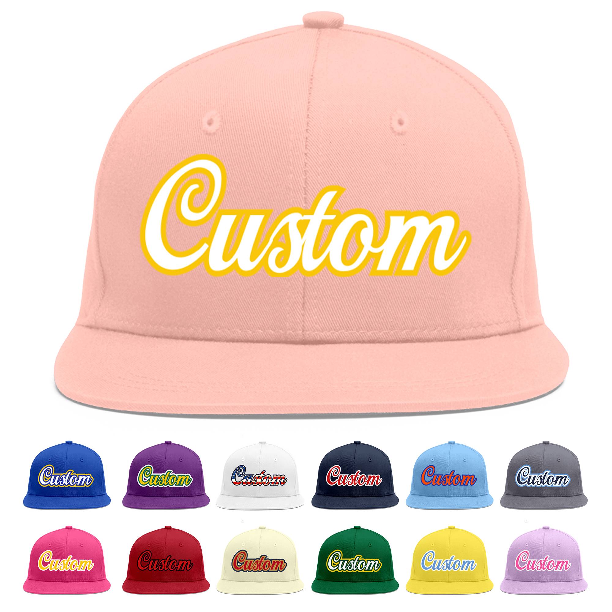 Custom Pink White-Gold Flat Eaves Sport Baseball Cap