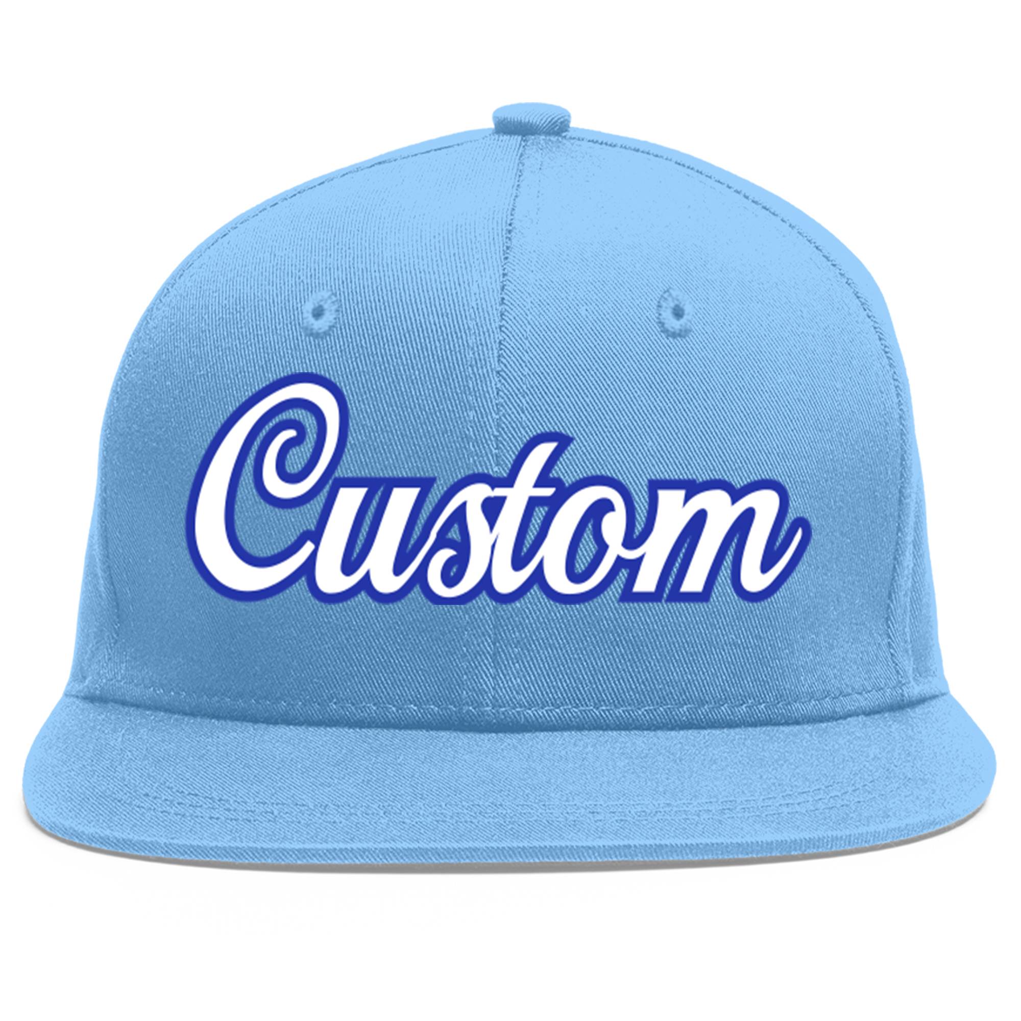 Custom Light Blue White-Royal Flat Eaves Sport Baseball Cap