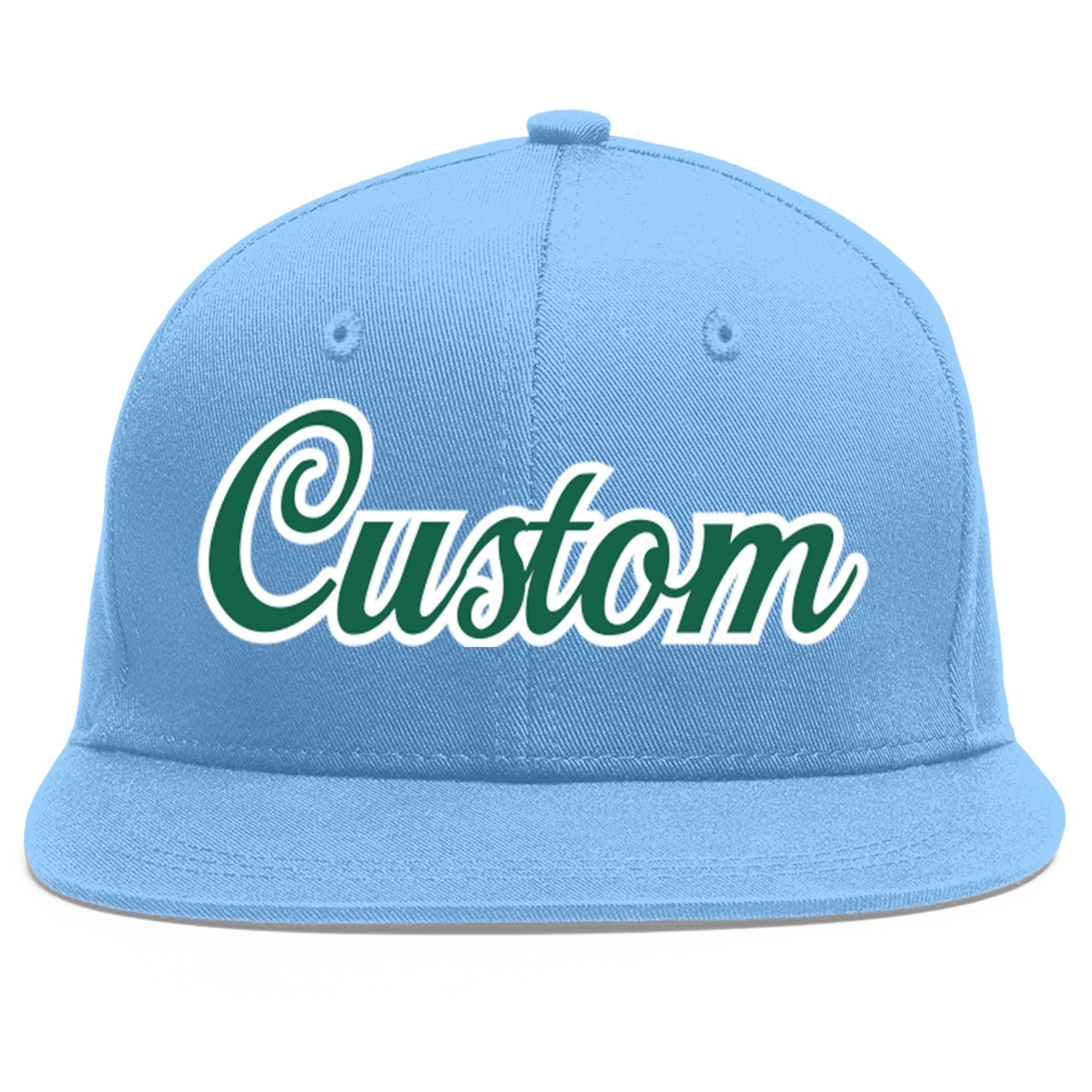 Casquette de baseball sport personnalisée bleu clair Kelly vert-blanc Flat Eaves