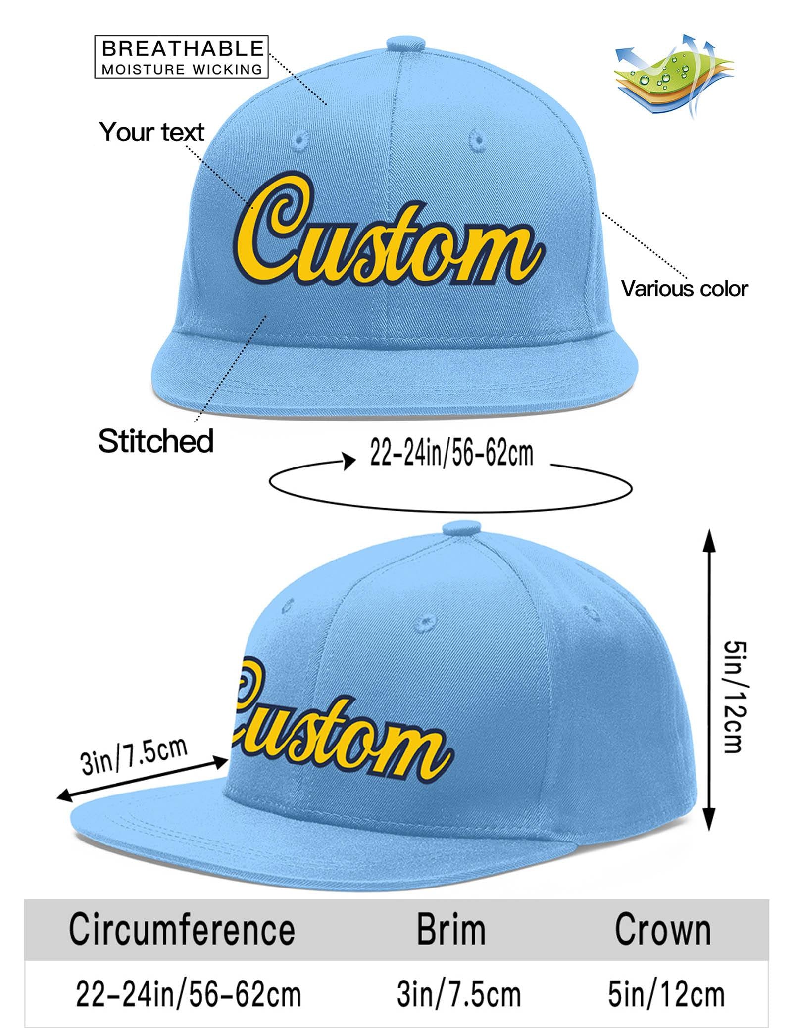 Custom Light Blue Gold-Navy Flat Eaves Sport Baseball Cap