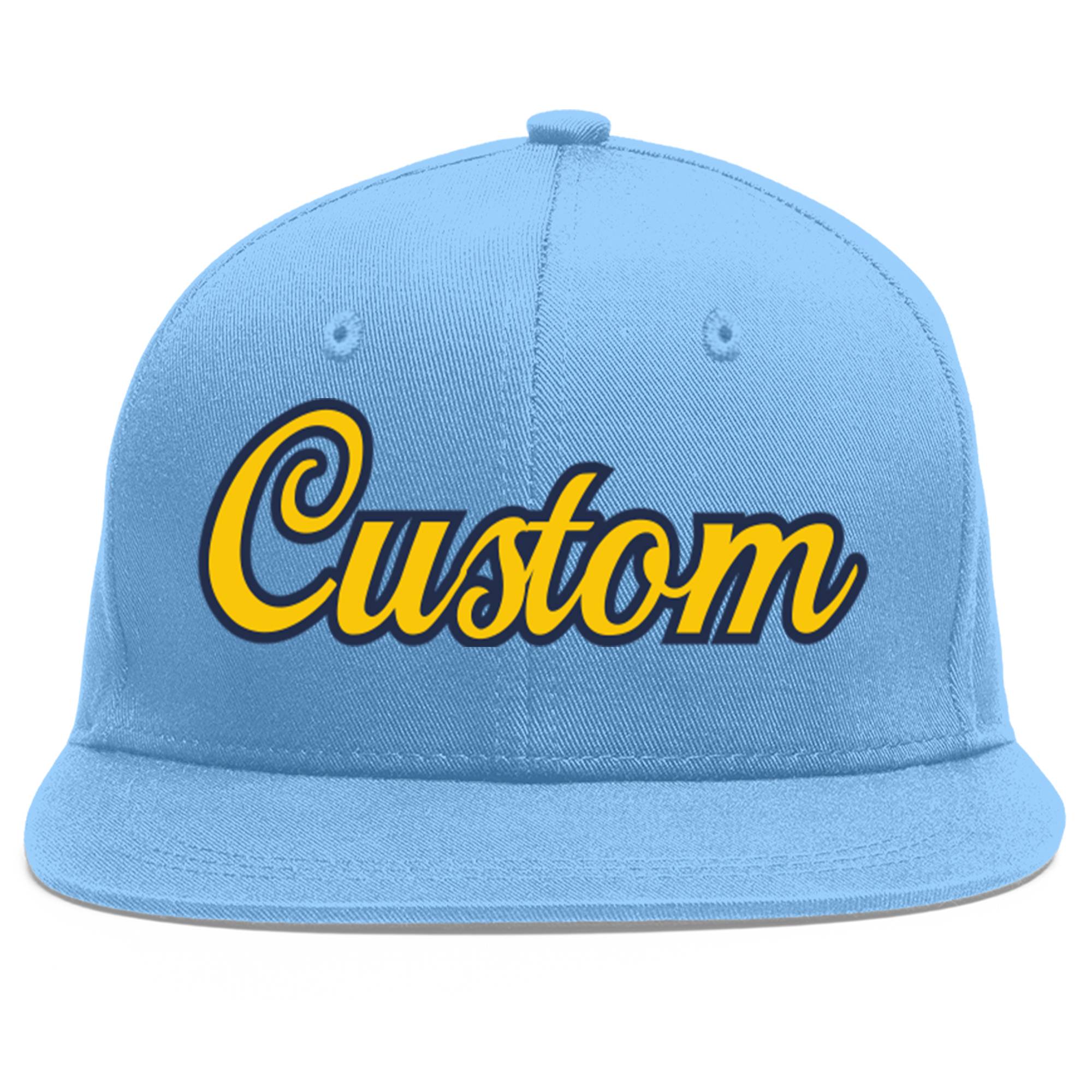 Casquette de baseball sport personnalisée bleu clair or-marine Flat Eaves