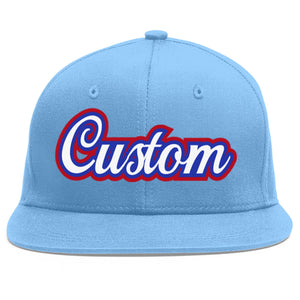 Custom Light Blue White-Royal Flat Eaves Sport Baseball Cap