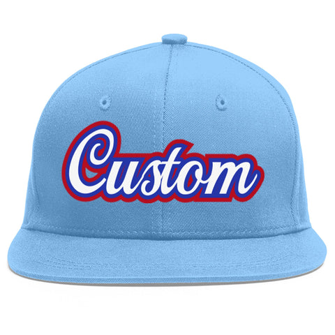 Custom Light Blue White-Royal Flat Eaves Sport Baseball Cap