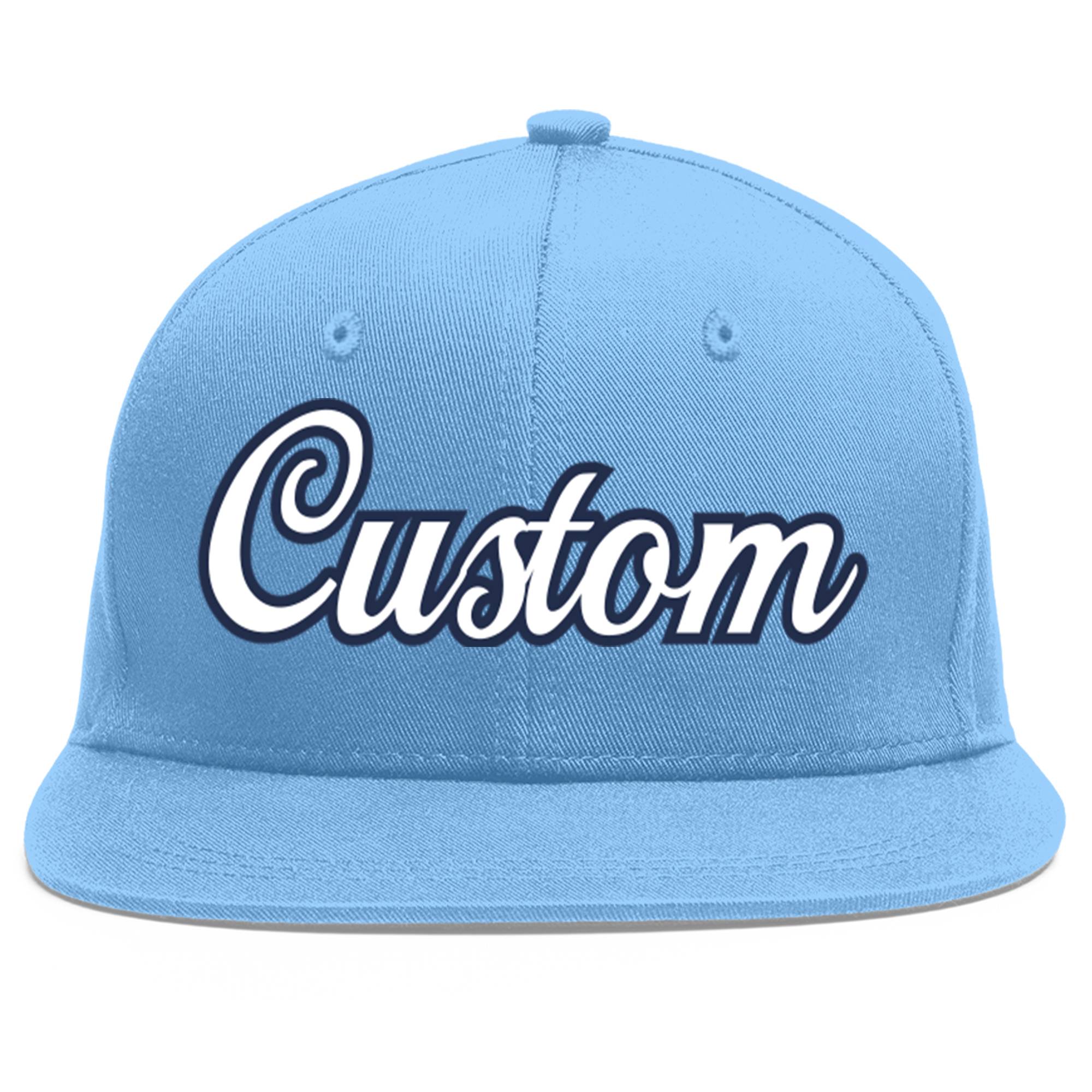 Custom Light Blue White-Navy Flat Eaves Sport Baseball Cap