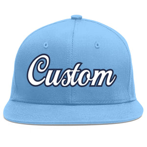 Custom Light Blue White-Navy Flat Eaves Sport Baseball Cap