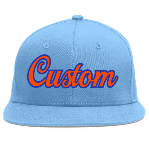 Custom Light Blue Orange-Royal Flat Eaves Sport Baseball Cap