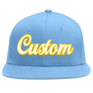 Custom Light Blue White-Gold Flat Eaves Sport Baseball Cap