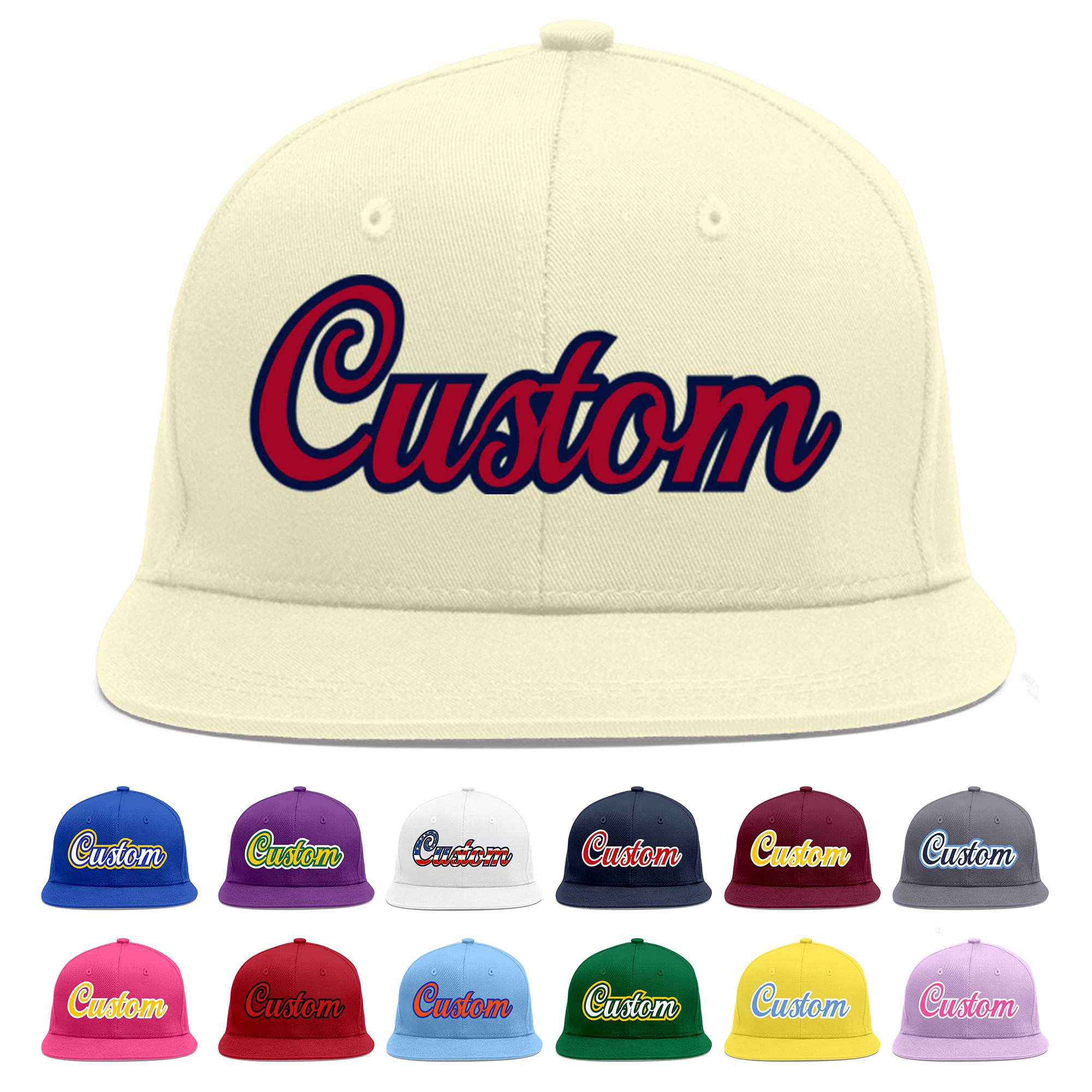 Custom Cream Red-Navy Flat Eaves Sport Baseball Cap