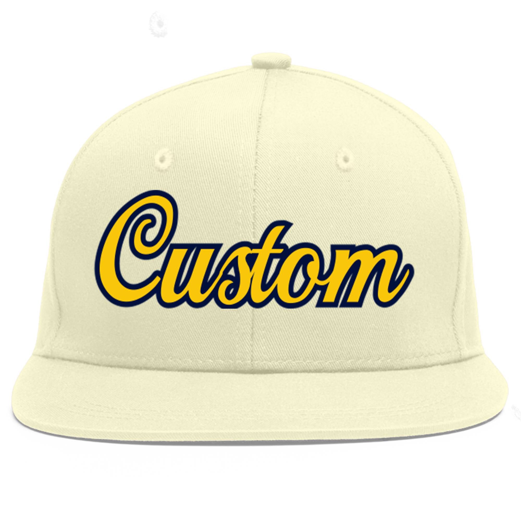 Custom Cream Gold-Navy Flat Eaves Sport Baseball Cap