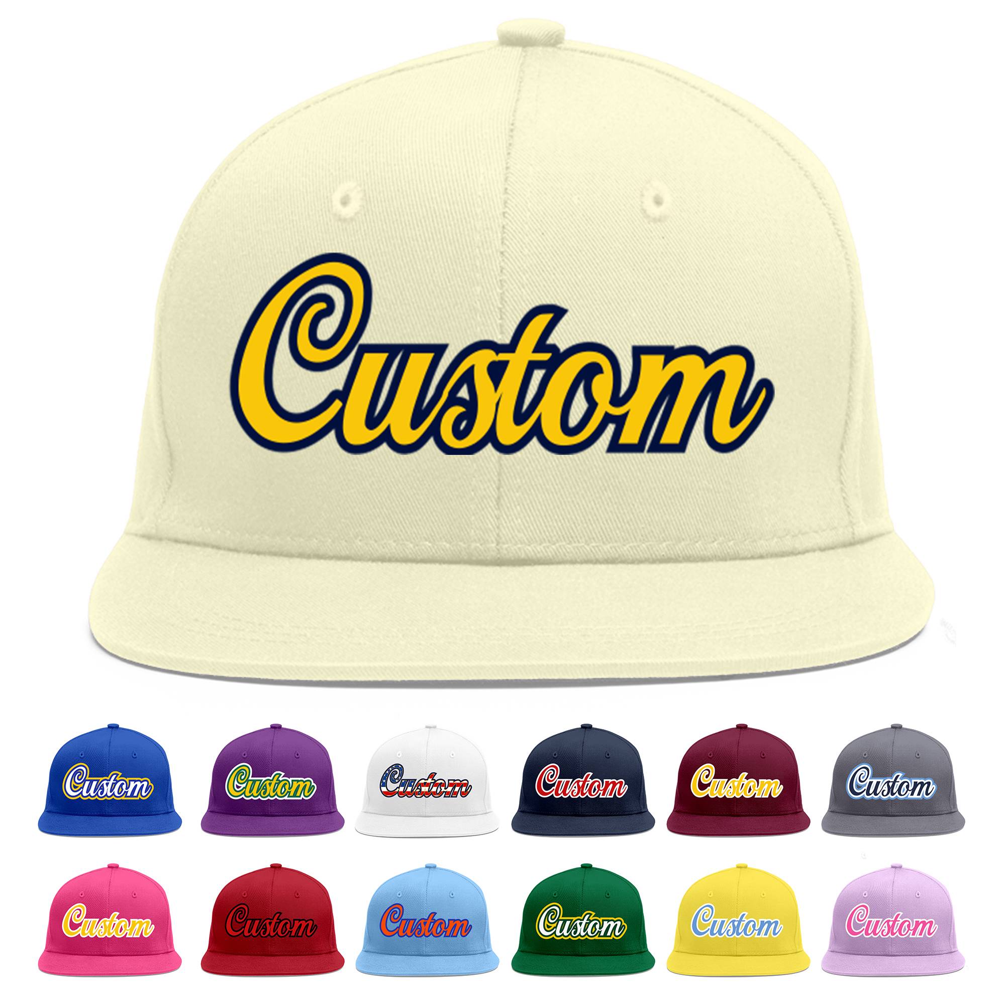 Custom Cream Gold-Navy Flat Eaves Sport Baseball Cap