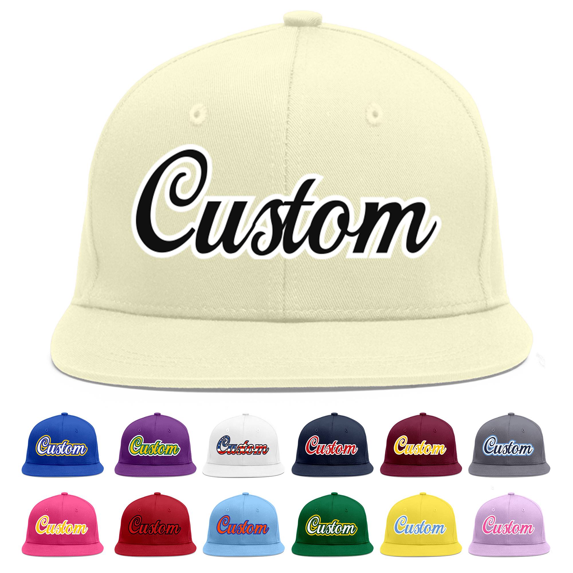 Custom Cream Black-White Flat Eaves Sport Baseball Cap