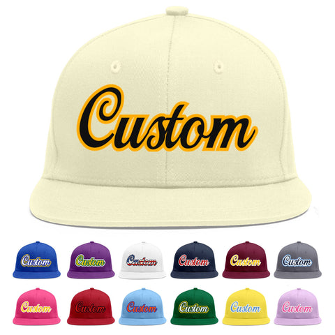 Custom Cream Black-Yellow Flat Eaves Sport Baseball Cap