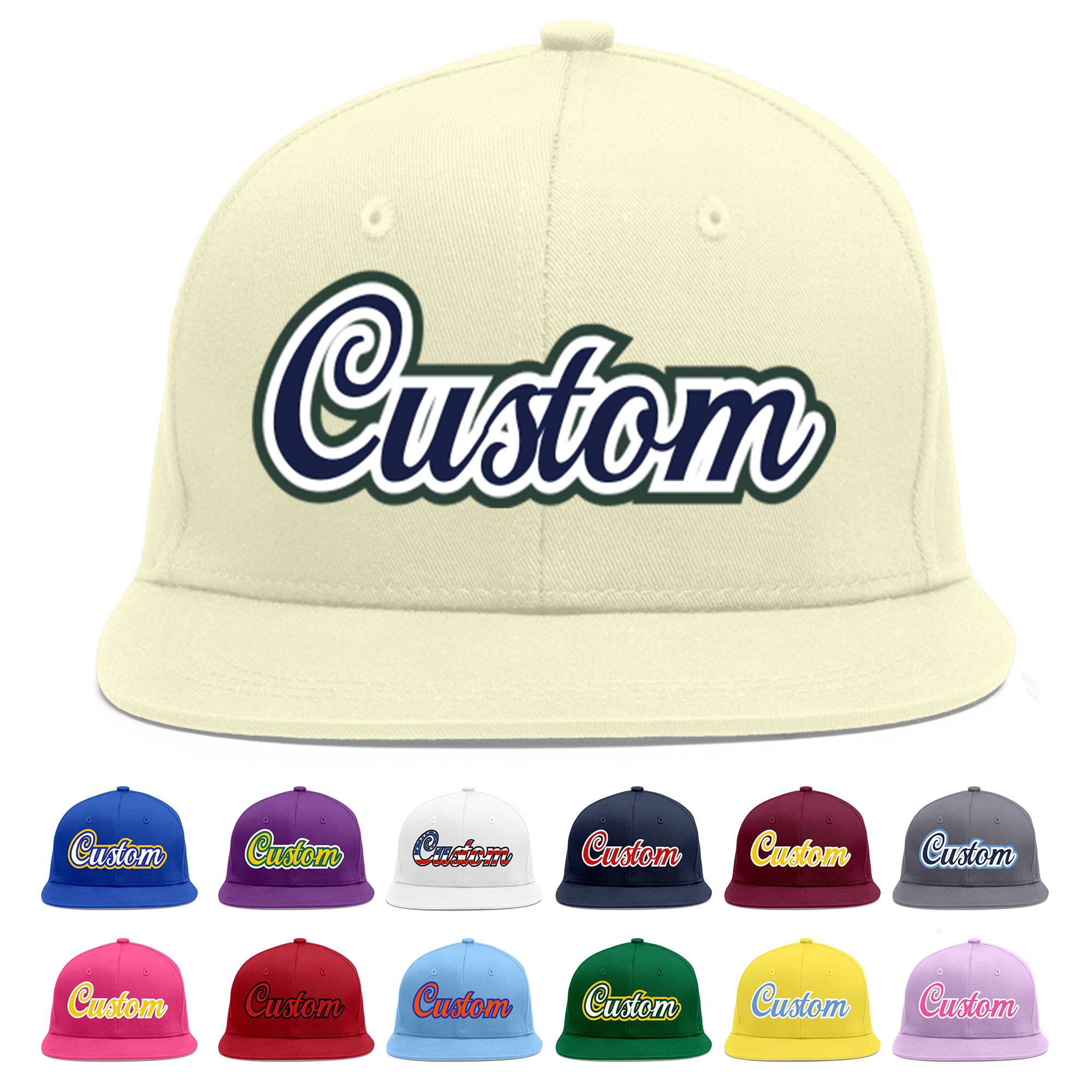 Custom Cream Navy-White Flat Eaves Sport Baseball Cap