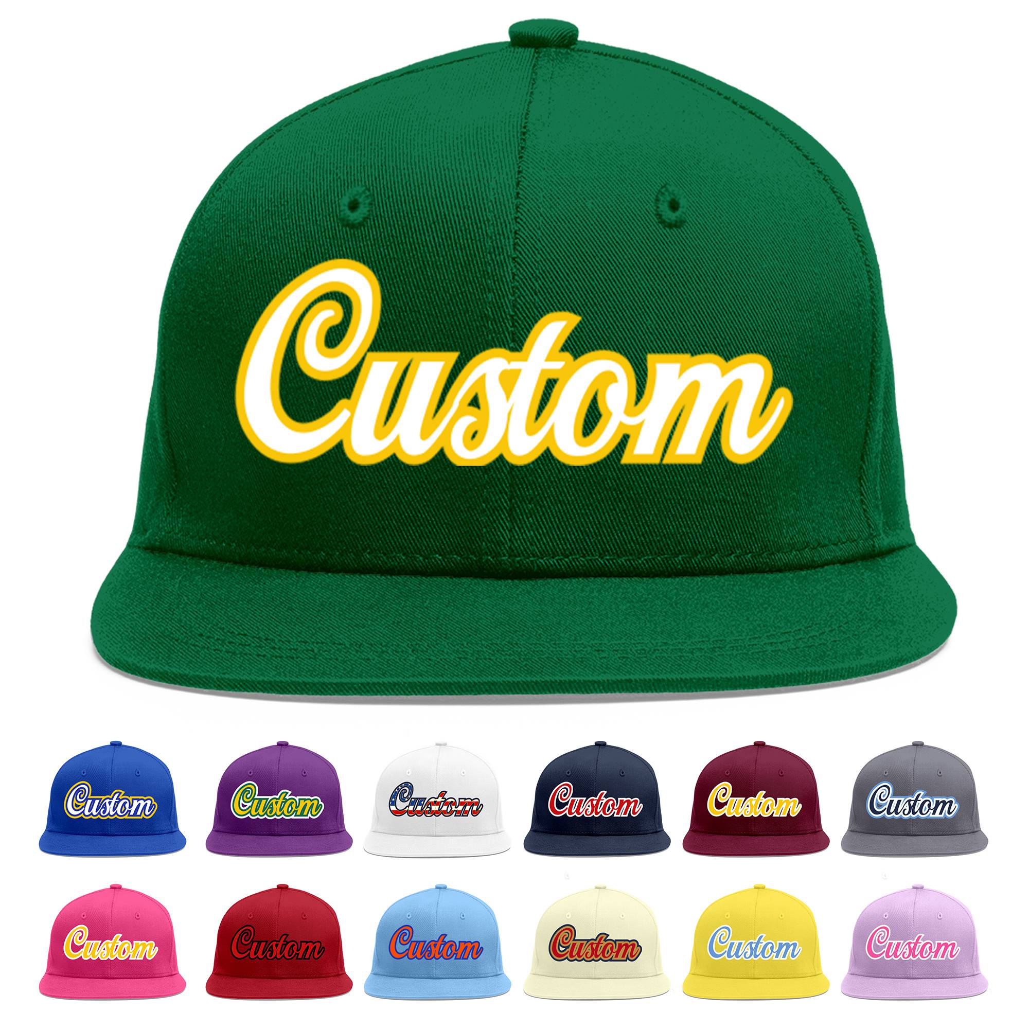 Custom Green White-Gold Flat Eaves Sport Baseball Cap