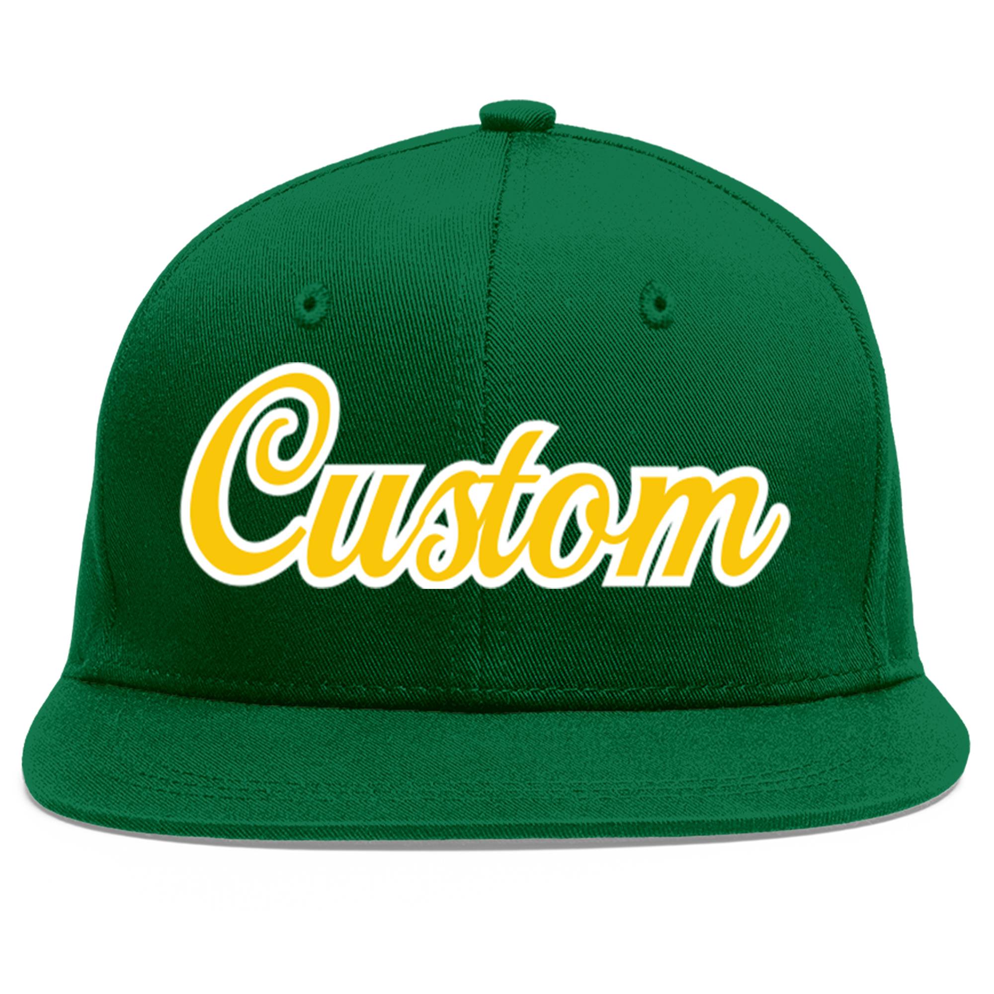 Casquette de baseball sport personnalisée vert or-blanc plat Eaves