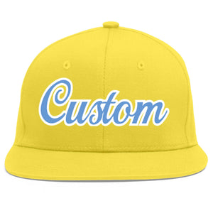 Custom Light Gold Light Blue-White Flat Eaves Sport Baseball Cap