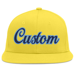 Custom Light Gold Navy-Light Blue Flat Eaves Sport Baseball Cap