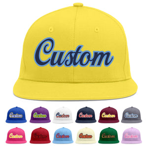 Custom Light Gold Navy-Light Blue Flat Eaves Sport Baseball Cap