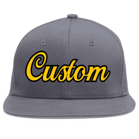 Custom Dark Gray Gold-Black Flat Eaves Sport Baseball Cap