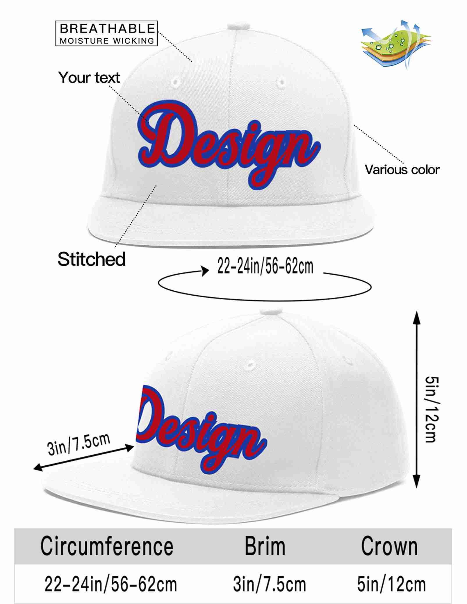 Custom White Red-Royal Flat Eaves Sport Baseball Cap Design for Men/Women/Youth