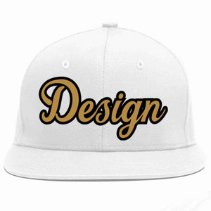 Custom White Old Gold-Black Flat Eaves Sport Baseball Cap Design for Men/Women/Youth