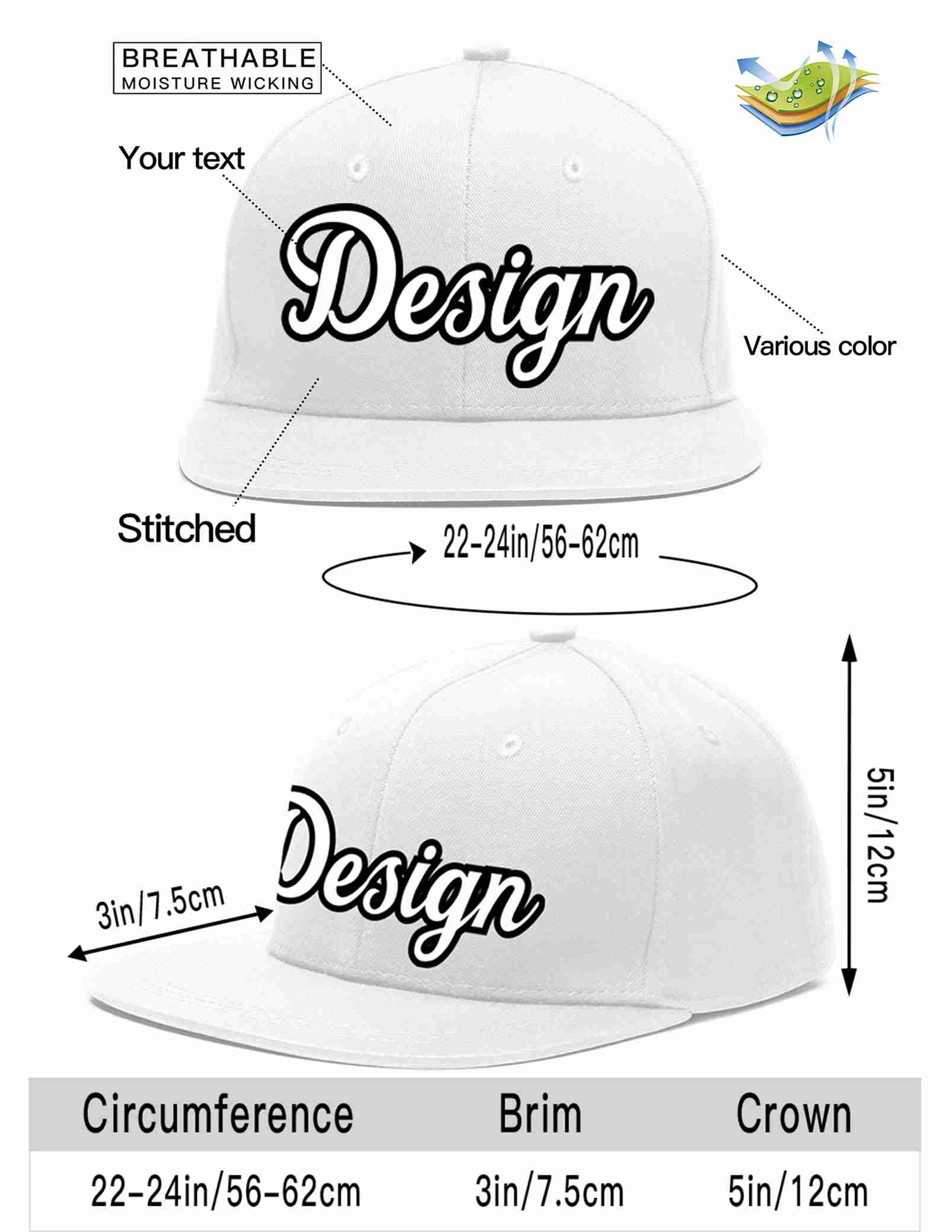 Custom White White-Black Flat Eaves Sport Baseball Cap Design for Men/Women/Youth