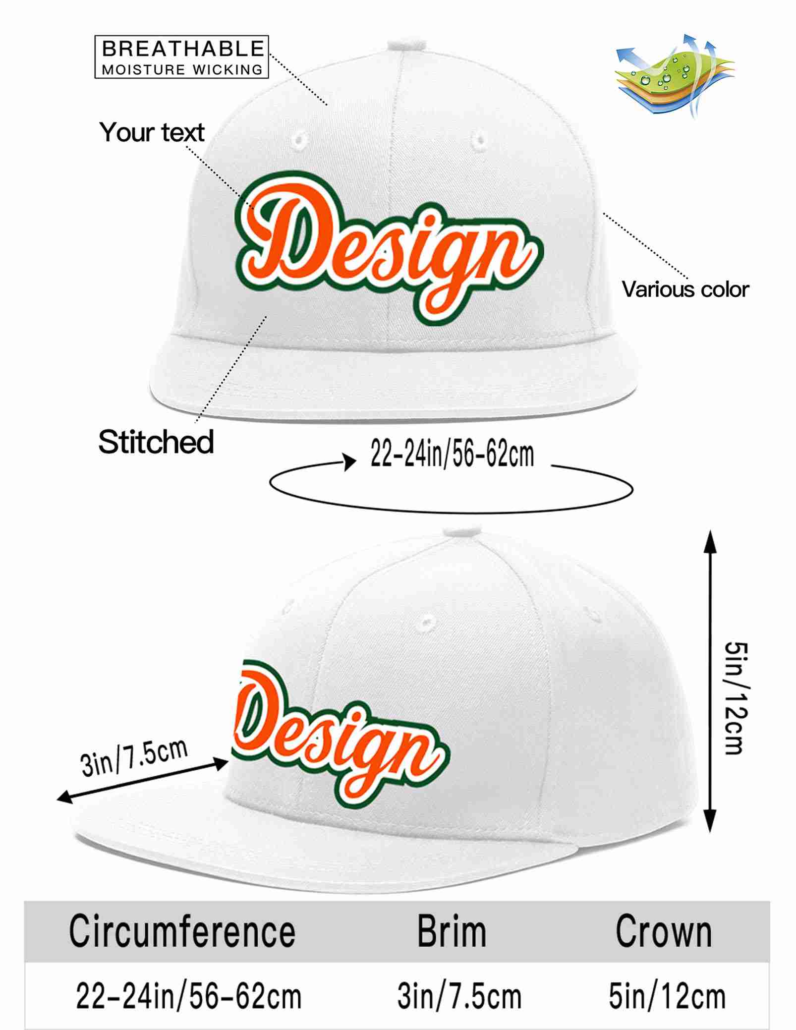 Conception personnalisée de casquette de baseball de sport à avant-toit plat blanc orange-blanc pour hommes/femmes/jeunes