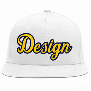 Custom White Gold-Navy Flat Eaves Sport Baseball Cap Design for Men/Women/Youth