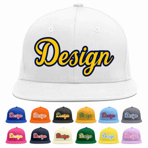 Custom White Gold-Navy Flat Eaves Sport Baseball Cap Design for Men/Women/Youth