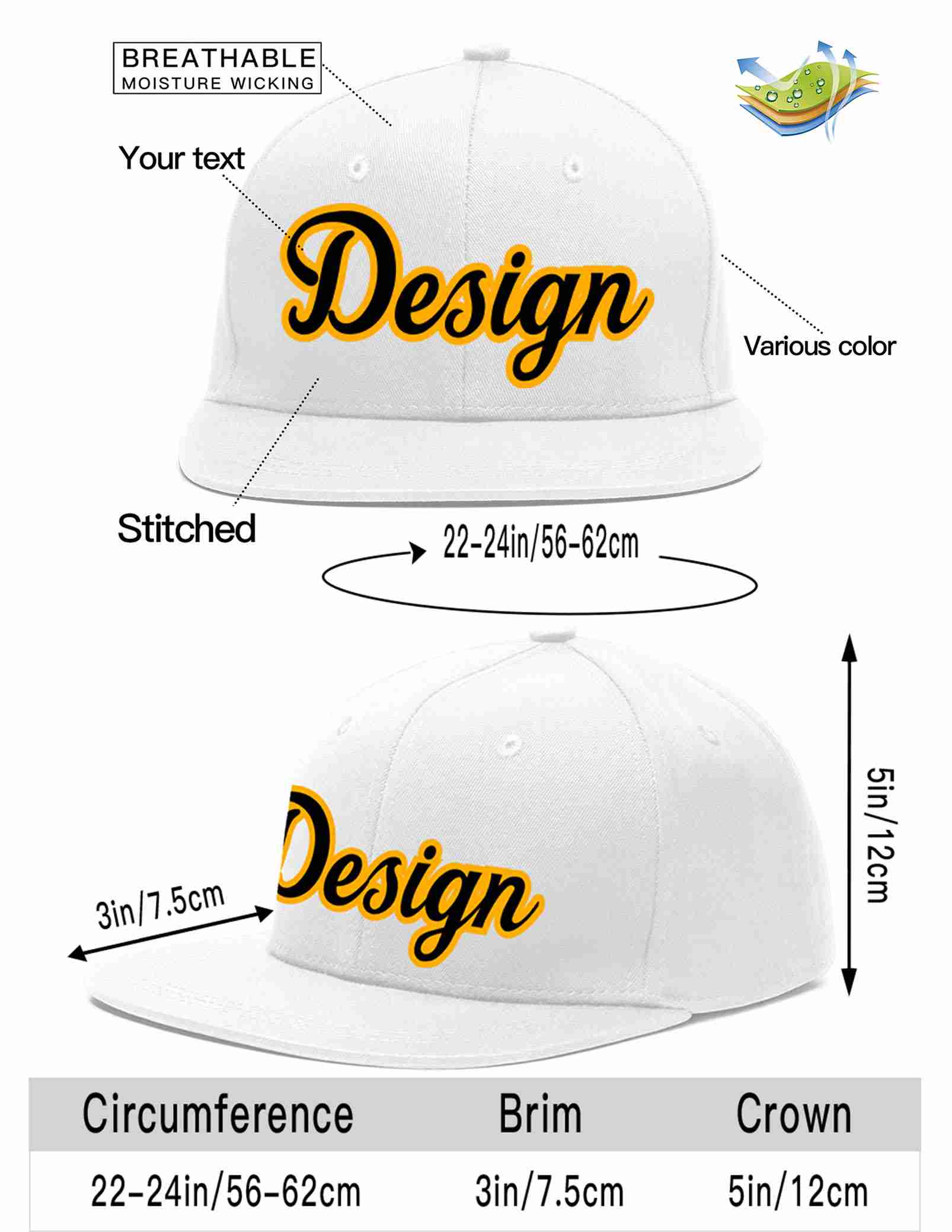 Conception personnalisée de casquette de baseball de sport à avant-toit plat blanc noir-jaune pour hommes/femmes/jeunes