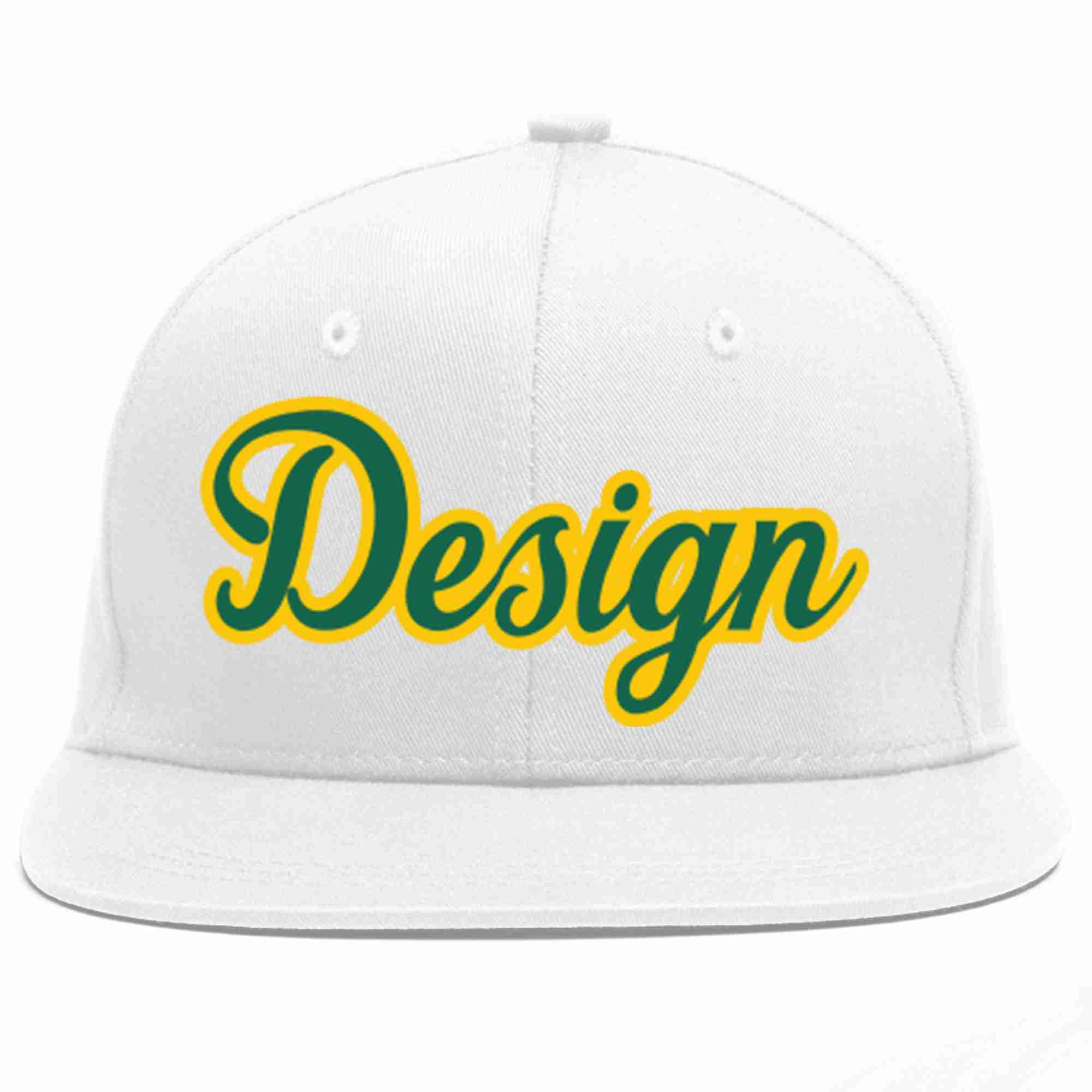 Custom White Kelly Green-Gold Flat Eaves Sport Baseball Cap Design for Men/Women/Youth