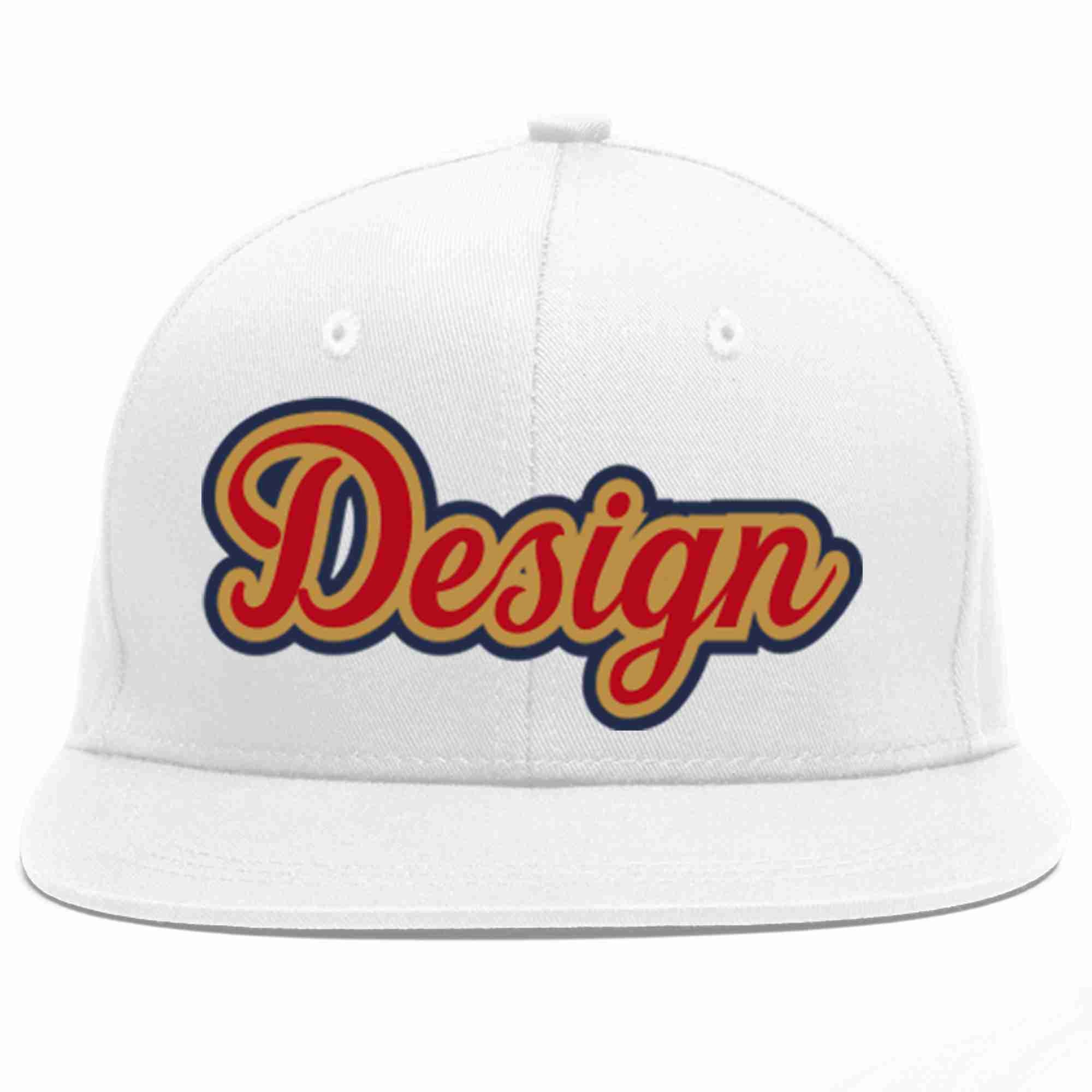 Custom White Red-Old Gold Flat Eaves Sport Baseball Cap Design for Men/Women/Youth