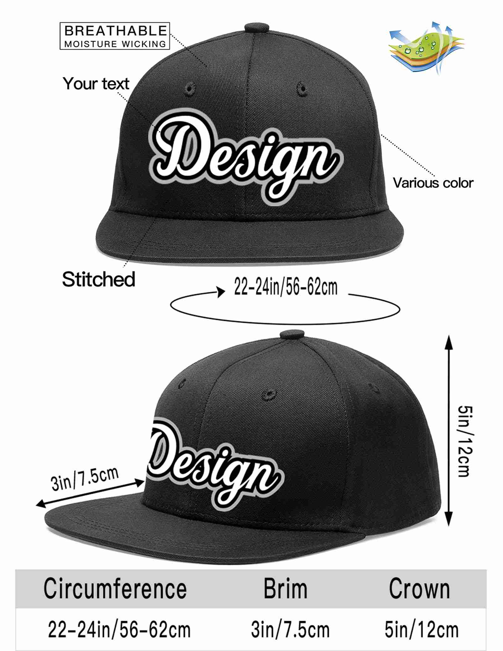 Custom Black White-Black Flat Eaves Sport Baseball Cap Design for Men/Women/Youth