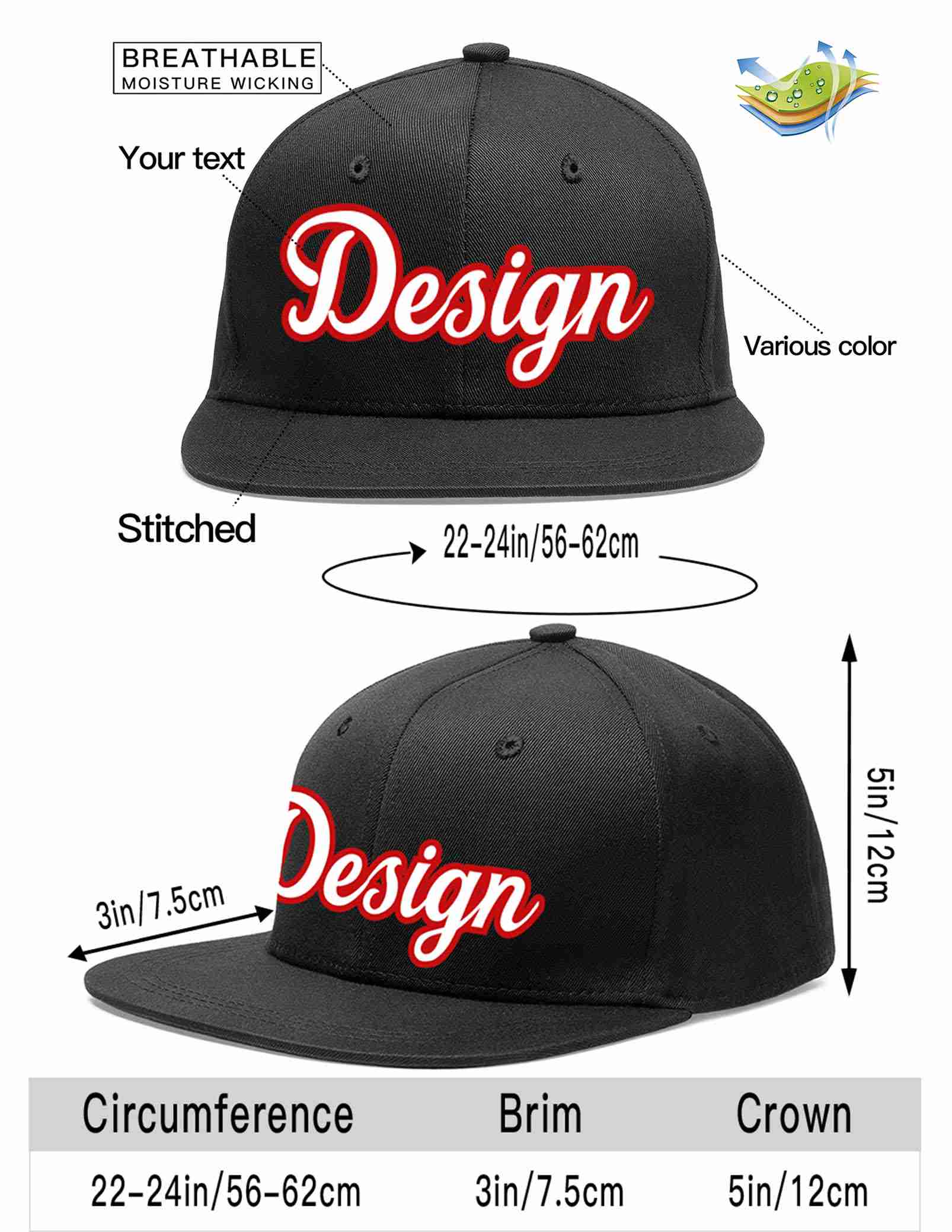 Custom Black White-Red Flat Eaves Sport Baseball Cap Design for Men/Women/Youth