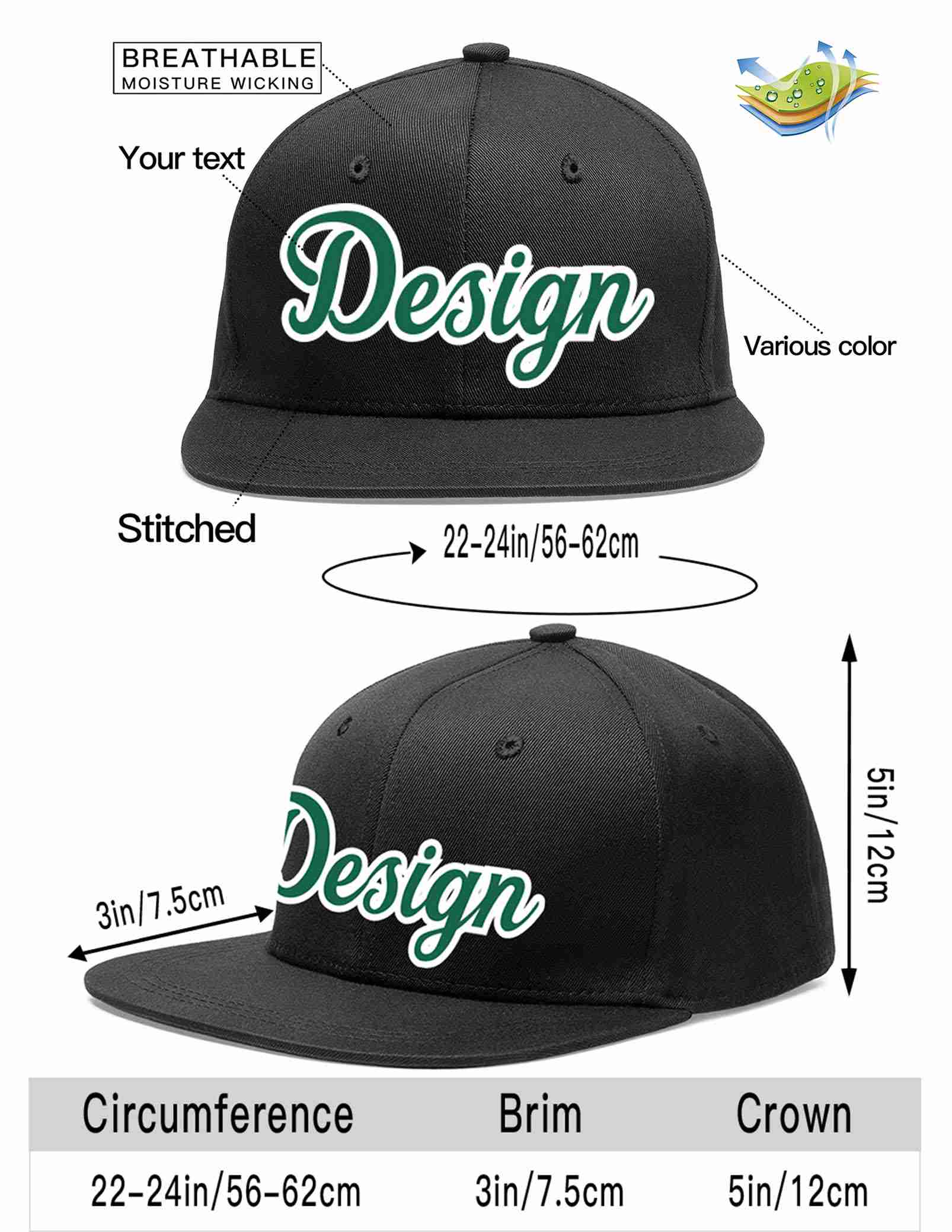 Custom Black Kelly Green-White Flat Eaves Sport Baseball Cap Design for Men/Women/Youth