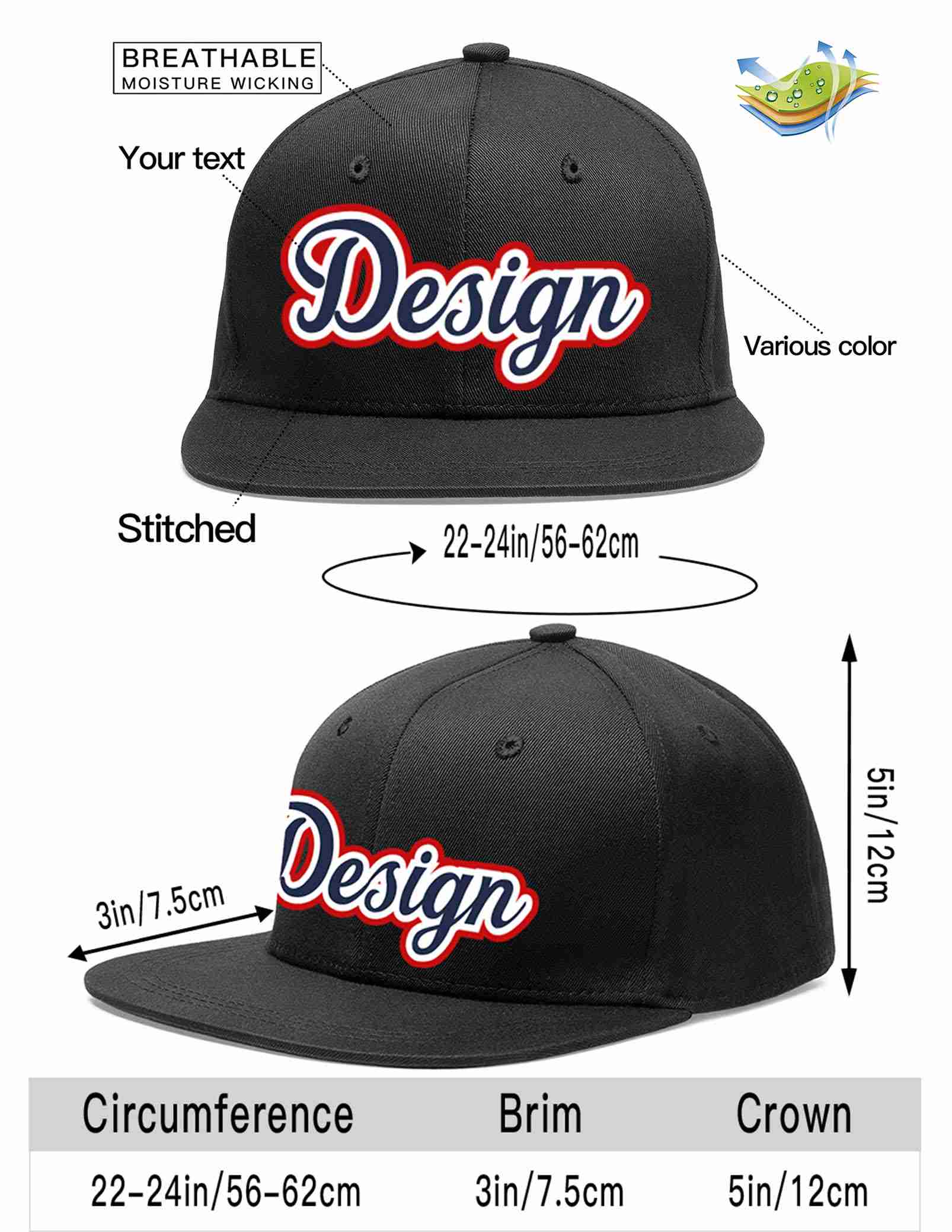 Custom Black Navy-White Flat Eaves Sport Baseball Cap Design for Men/Women/Youth