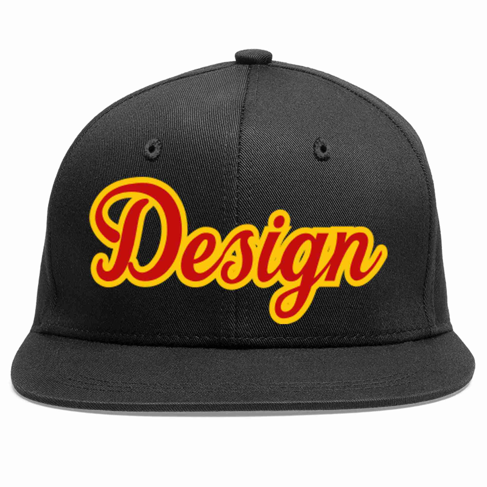 Conception personnalisée de casquette de baseball de sport à avant-toit plat noir rouge-jaune pour hommes/femmes/jeunes