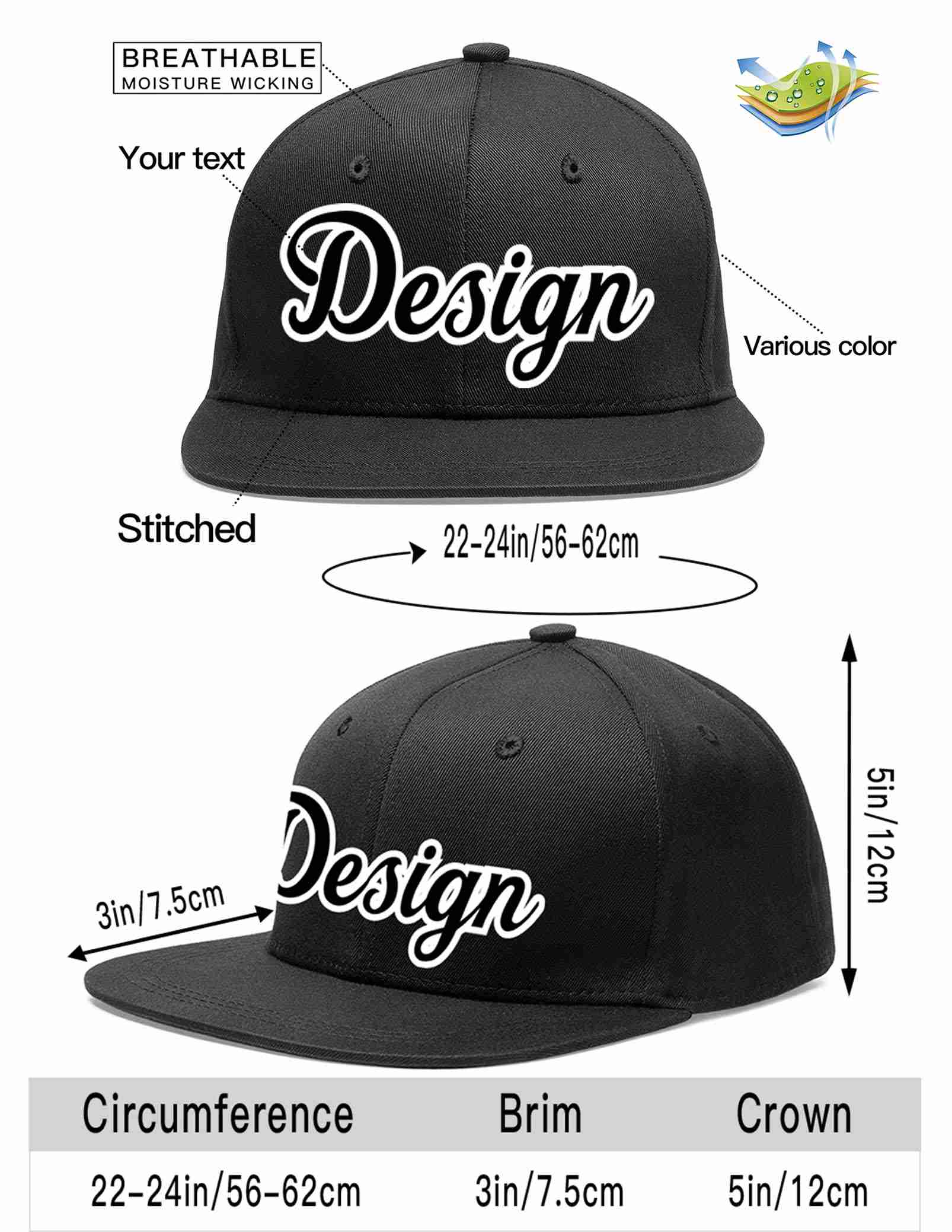 Custom Black Black-White Flat Eaves Sport Baseball Cap Design for Men/Women/Youth