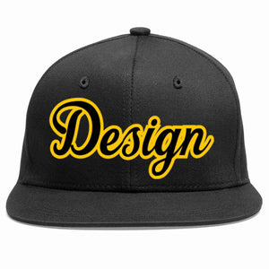 Custom Black Black-Gold Flat Eaves Sport Baseball Cap Design for Men/Women/Youth