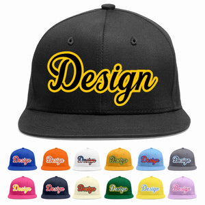 Custom Black Black-Gold Flat Eaves Sport Baseball Cap Design for Men/Women/Youth