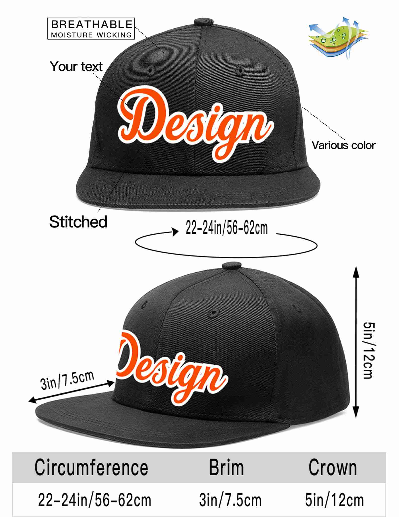 Conception personnalisée de casquette de baseball de sport à avant-toit plat noir orange-blanc pour hommes/femmes/jeunes